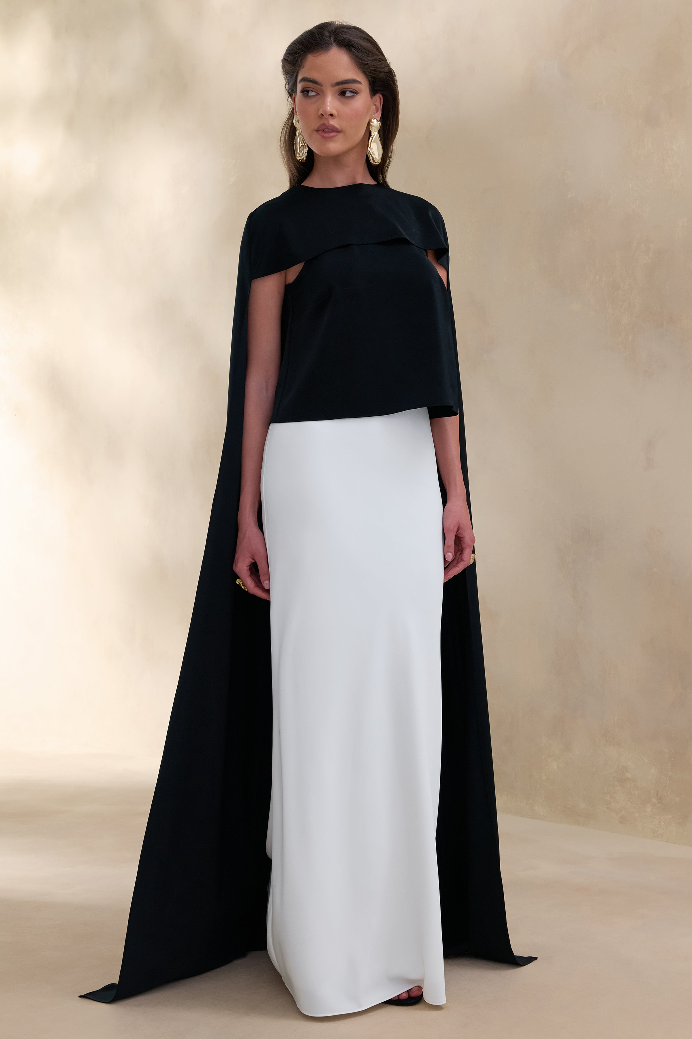 Aetheria | Black Satin High-Neck Top With Cape