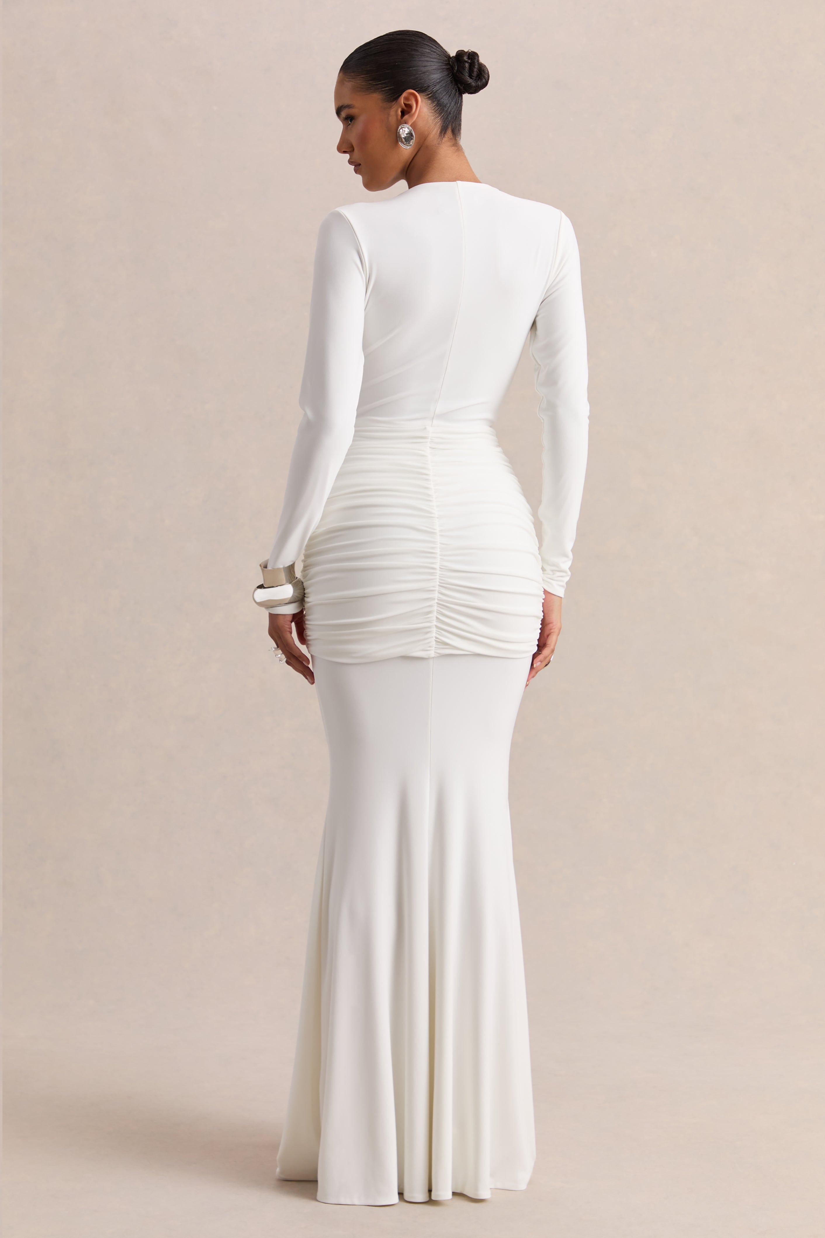 Palerma | White Draped Cowl-Neck Maxi-Dress With Gathered-Detailing