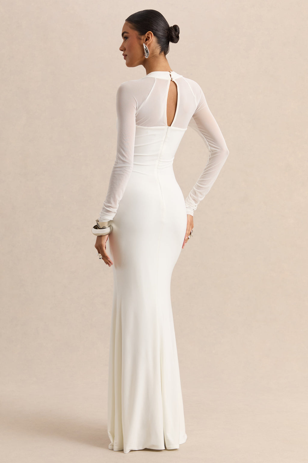 Fleurisia | White Square-Neck Maxi Dress With Mesh Long-Sleeves