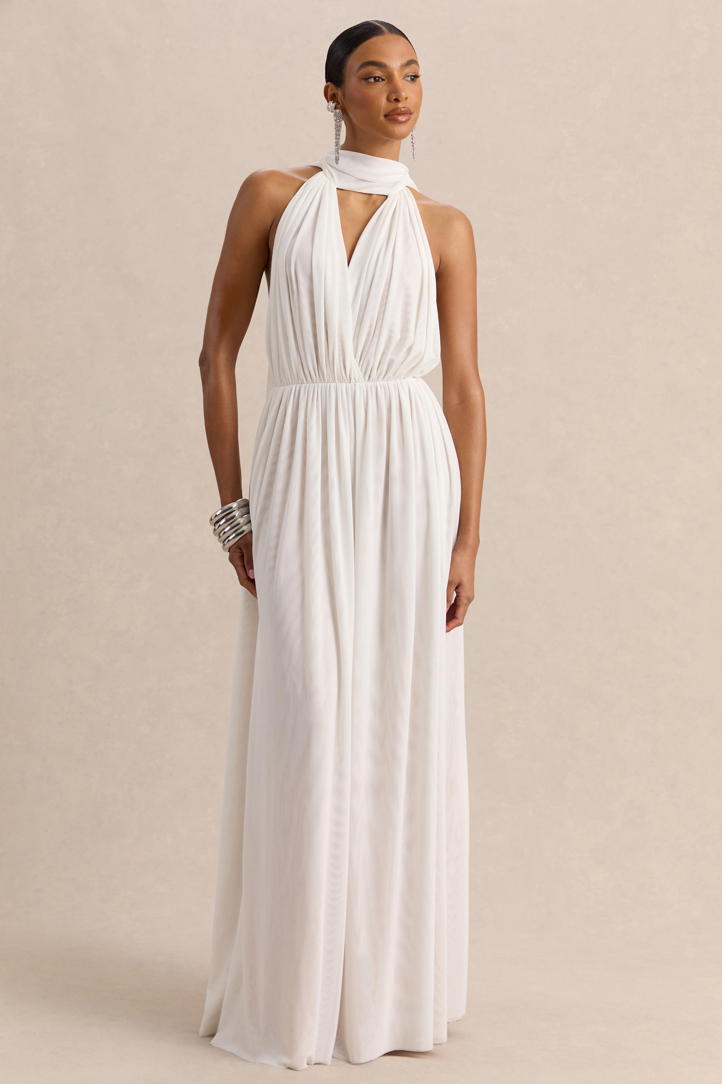 Rylina | White Mesh Halter-Neck Maxi Dress With Scarf And Open-Back