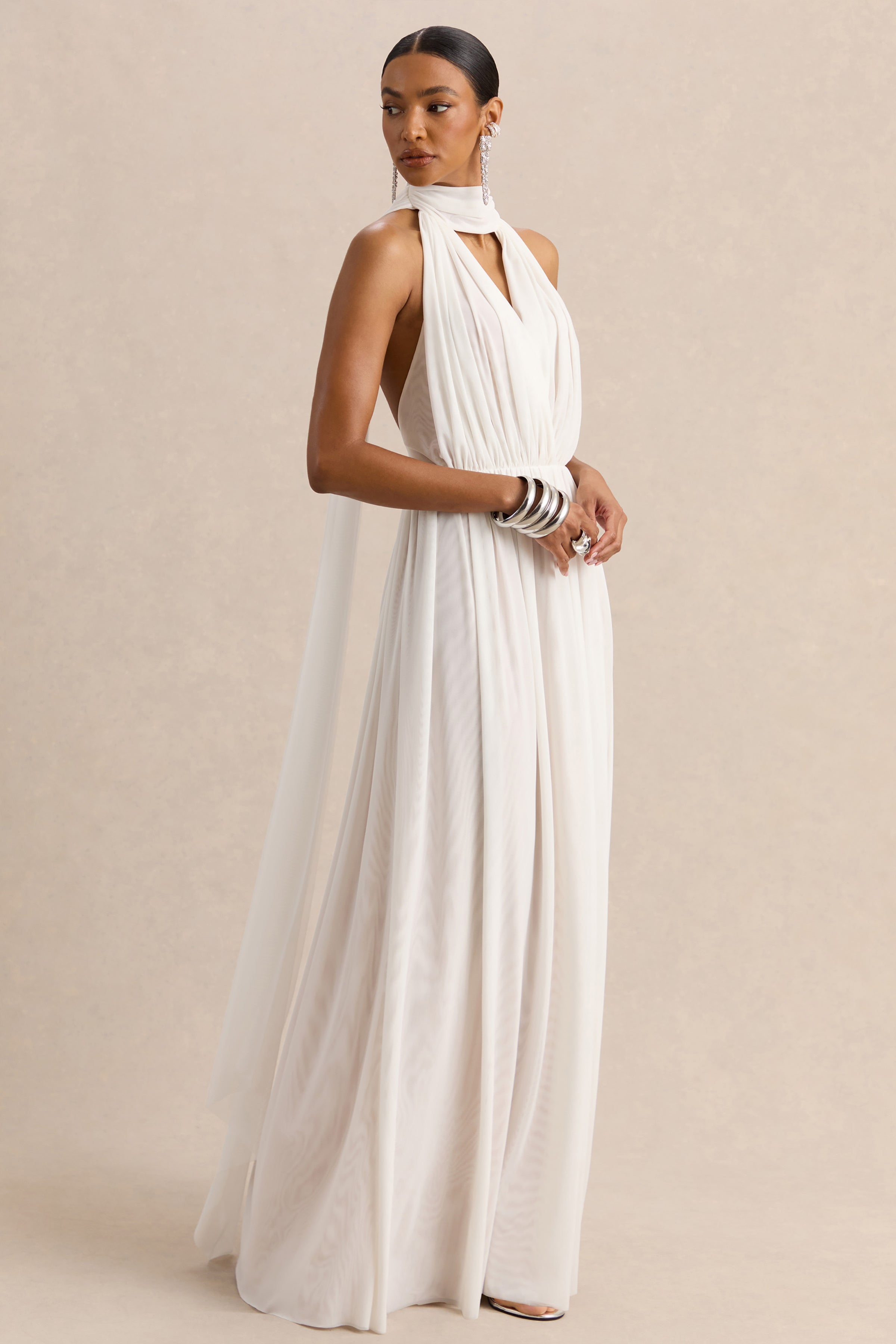 Rylina | White Mesh Halter-Neck Maxi Dress With Scarf And Open-Back