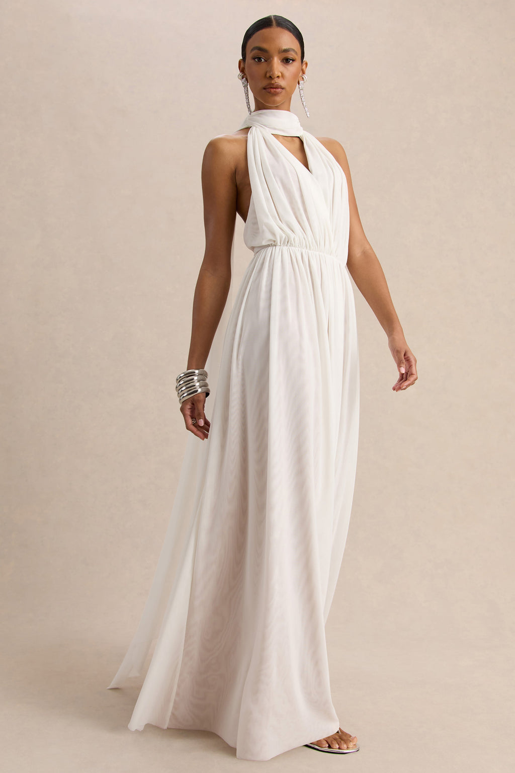 Rylina | White Mesh Halter-Neck Maxi Dress With Scarf And Open-Back