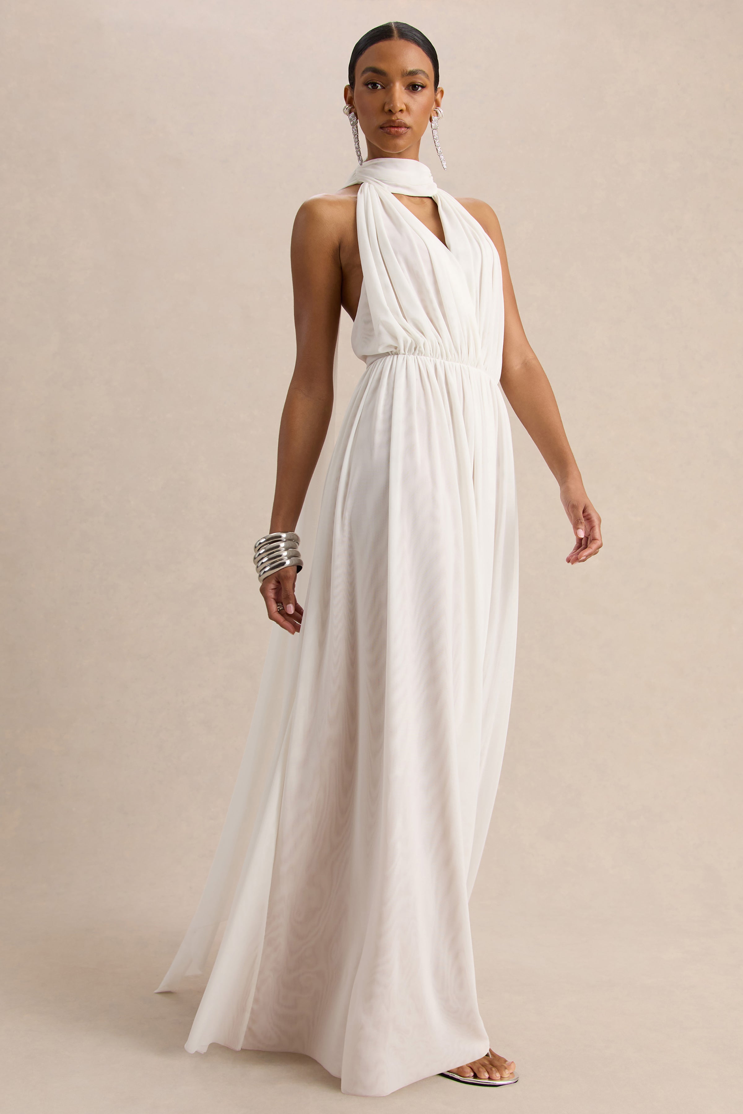 Rylina | White Mesh Halter-Neck Maxi Dress With Scarf And Open-Back