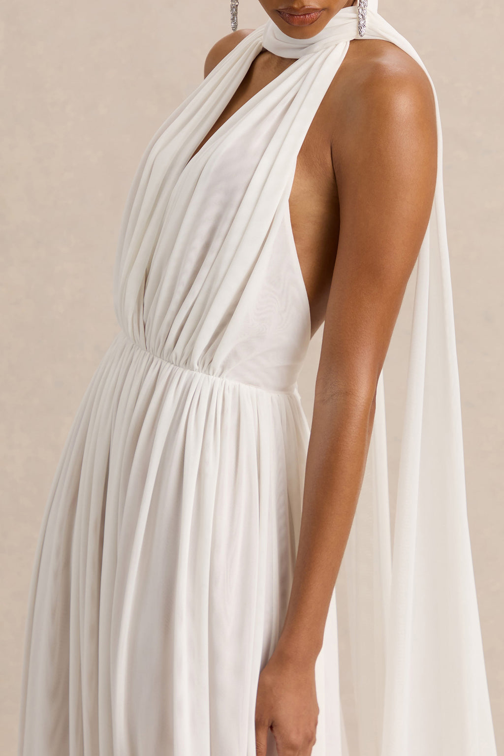 Rylina | White Mesh Halter-Neck Maxi Dress With Scarf And Open-Back