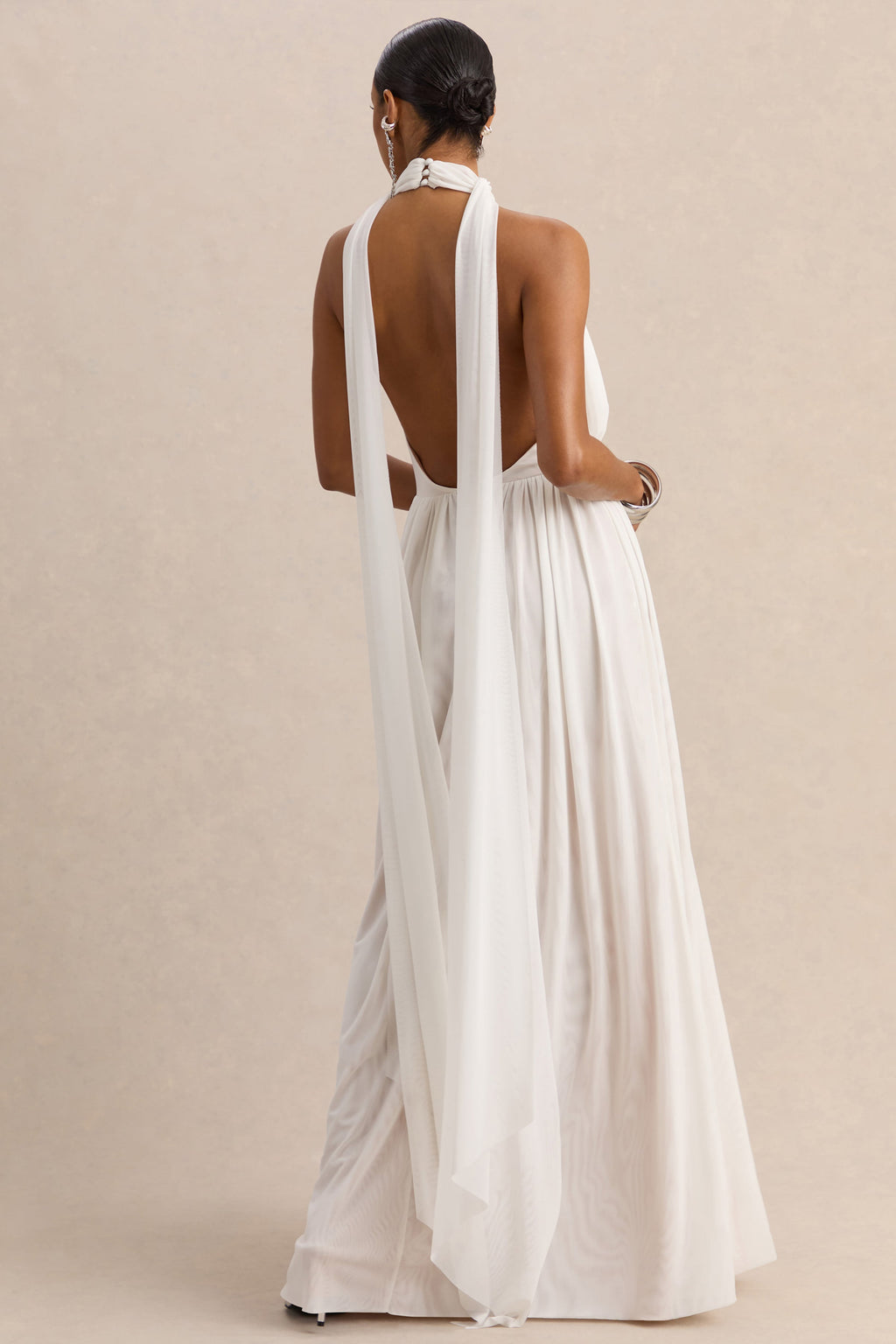 Rylina | White Mesh Halter-Neck Maxi Dress With Scarf And Open-Back