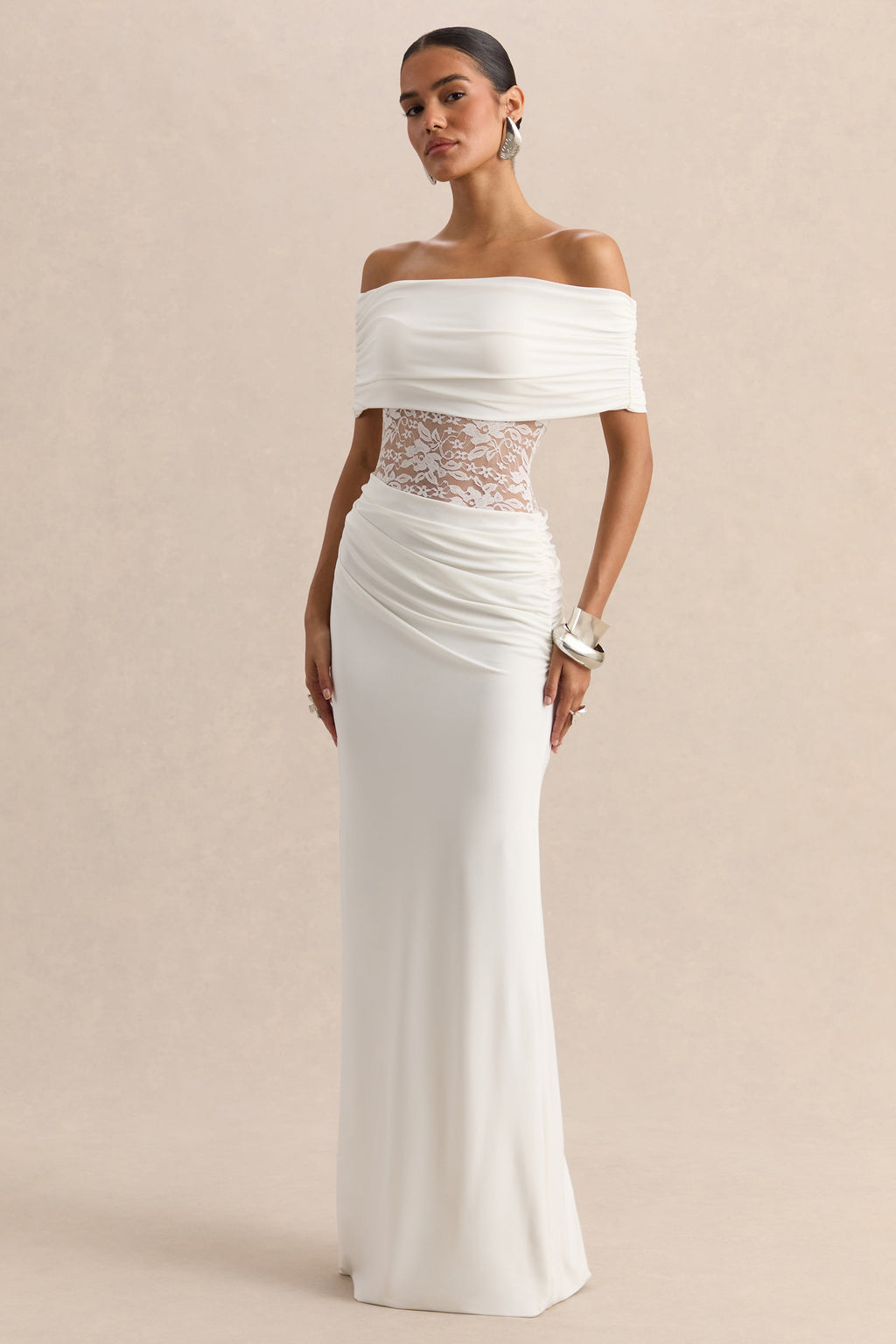 Forsya | White Bardot-Neck Maxi Dress With Lace-Detailing