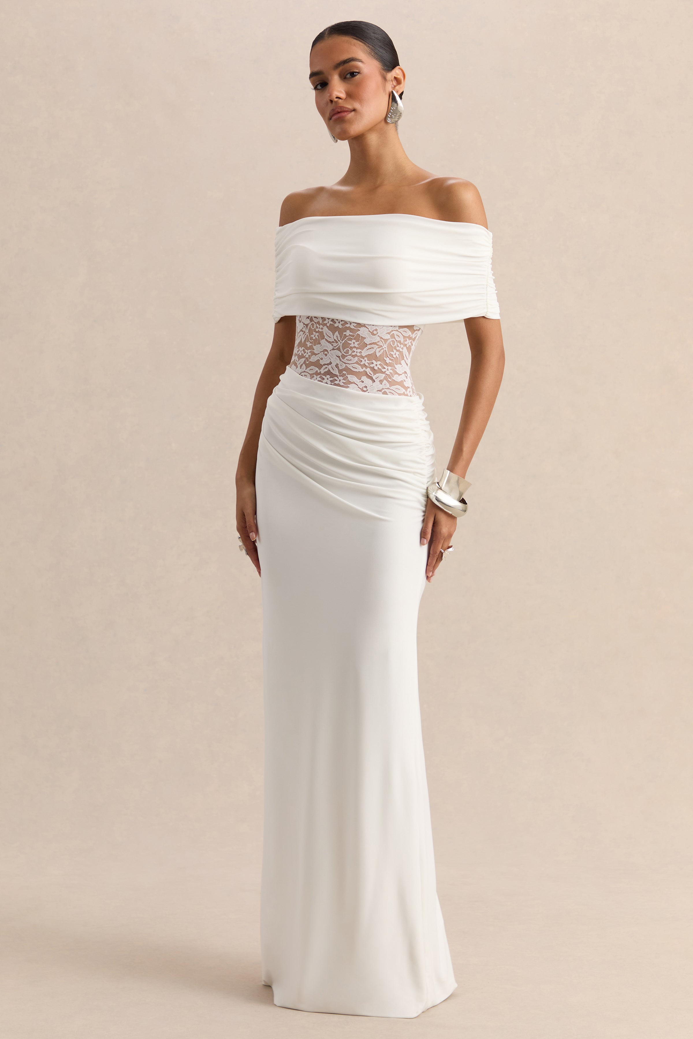 Forsya | White Bardot-Neck Maxi Dress With Lace-Detailing