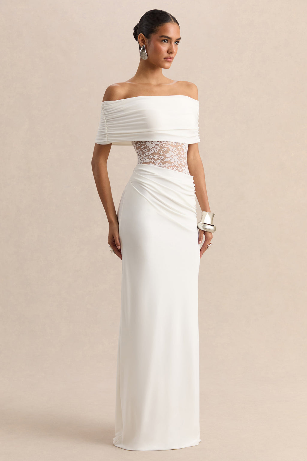 Forsya | White Bardot-Neck Maxi Dress With Lace-Detailing