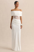 Forsya | White Bardot-Neck Maxi Dress With Lace-Detailing