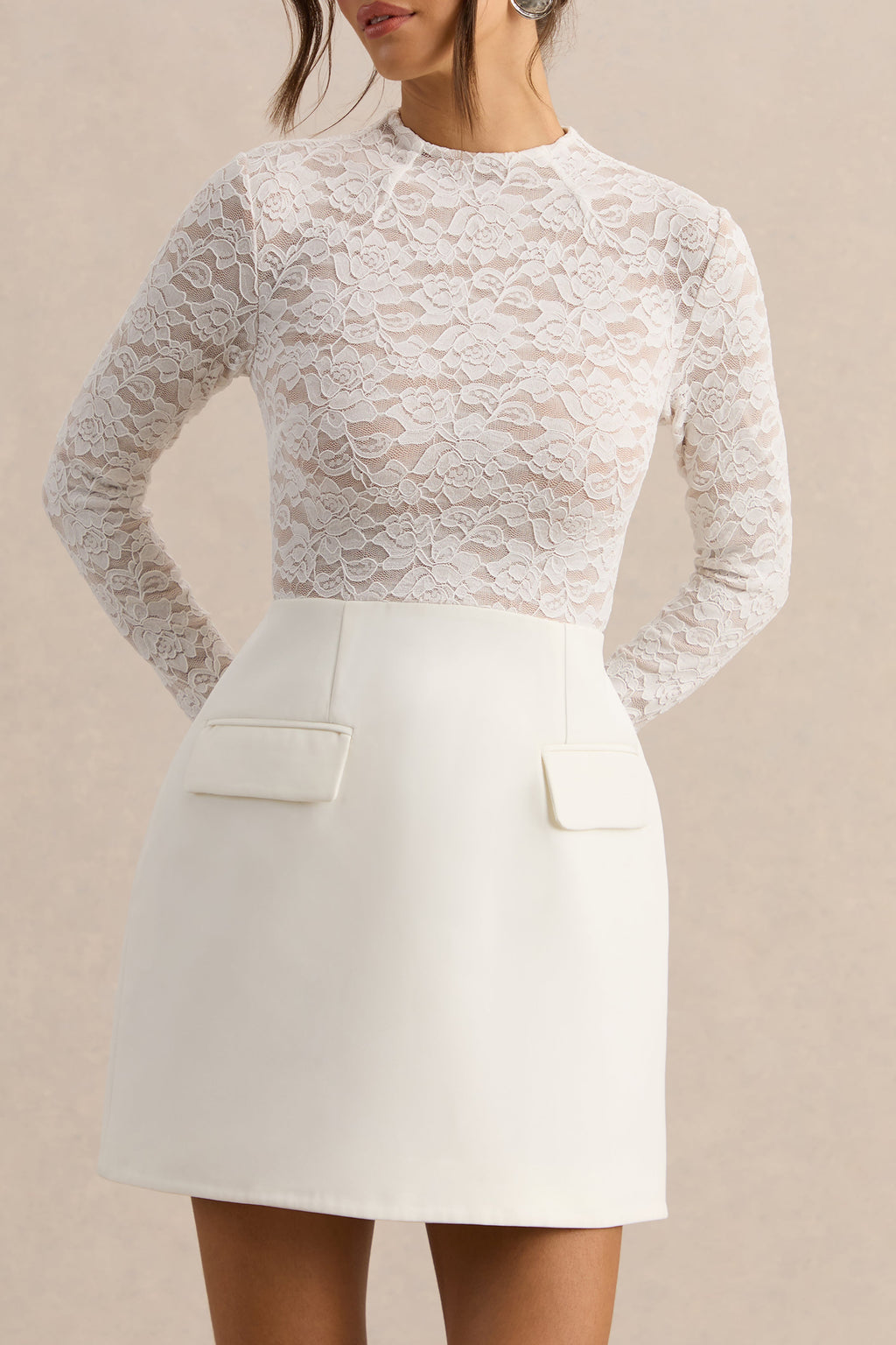Mysteria | White High-Neck Lace Mini-Dress With Pocket-Details