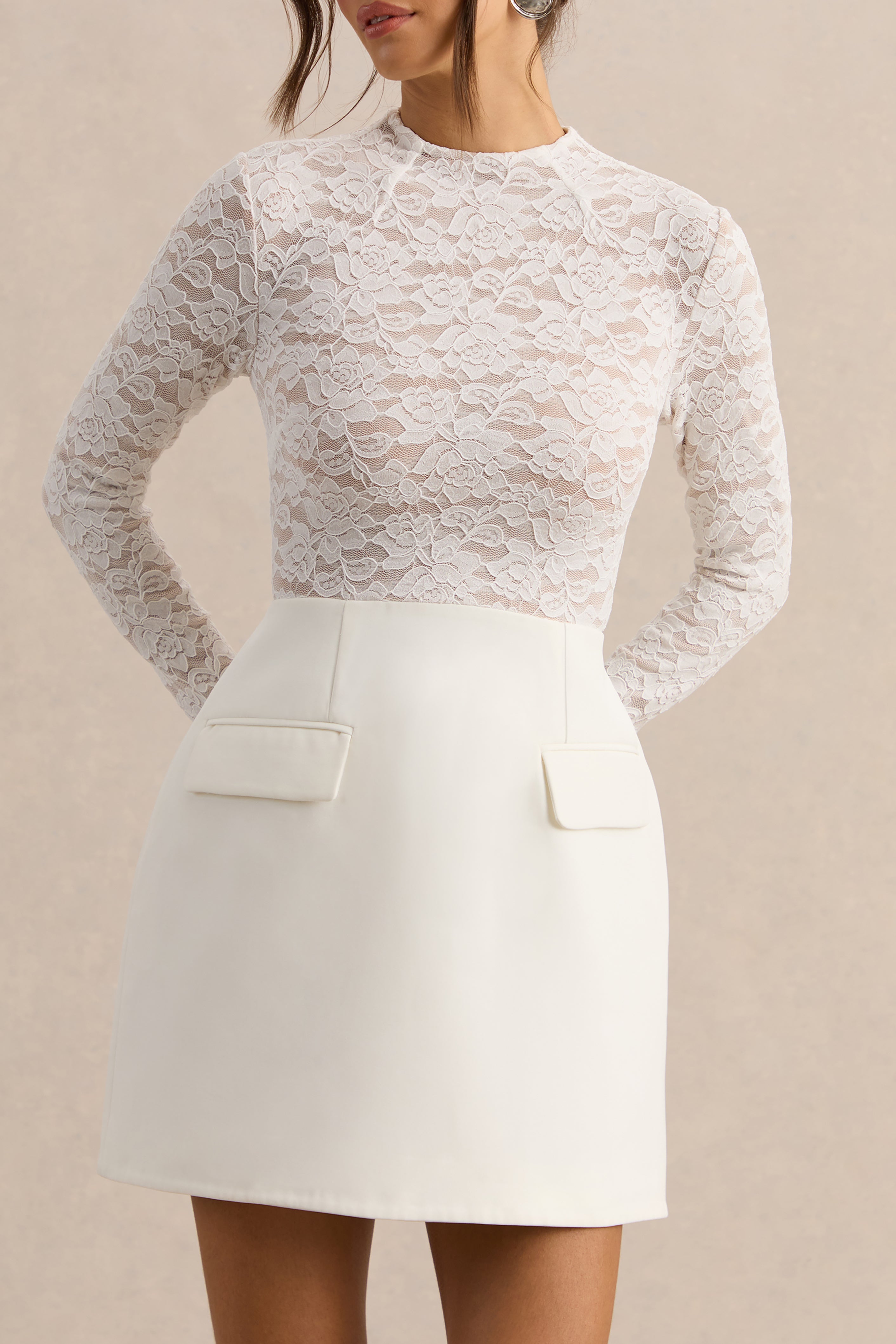 Mysteria | White High-Neck Lace Mini-Dress With Pocket-Details
