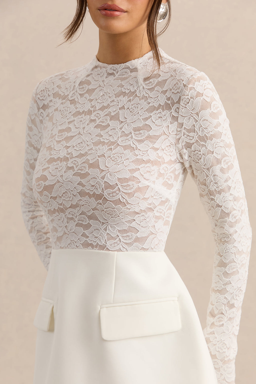 Mysteria | White High-Neck Lace Mini-Dress With Pocket-Details