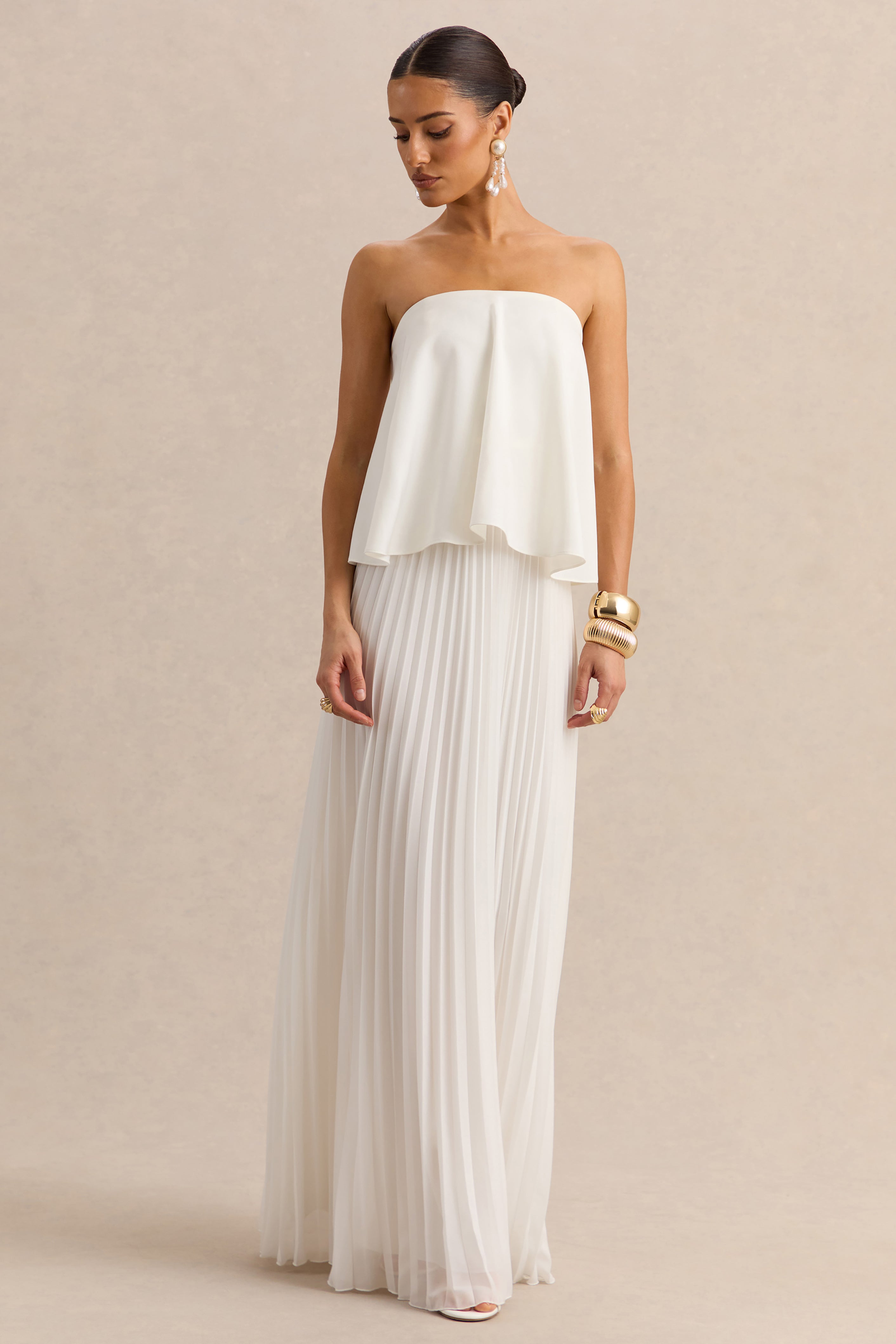 Saralyn | White Bandeau Maxi Dress With Pleated-Skirt