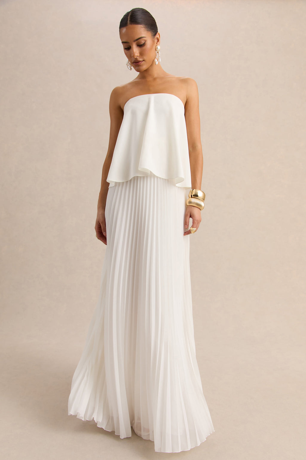 Saralyn | White Bandeau Maxi Dress With Pleated-Skirt