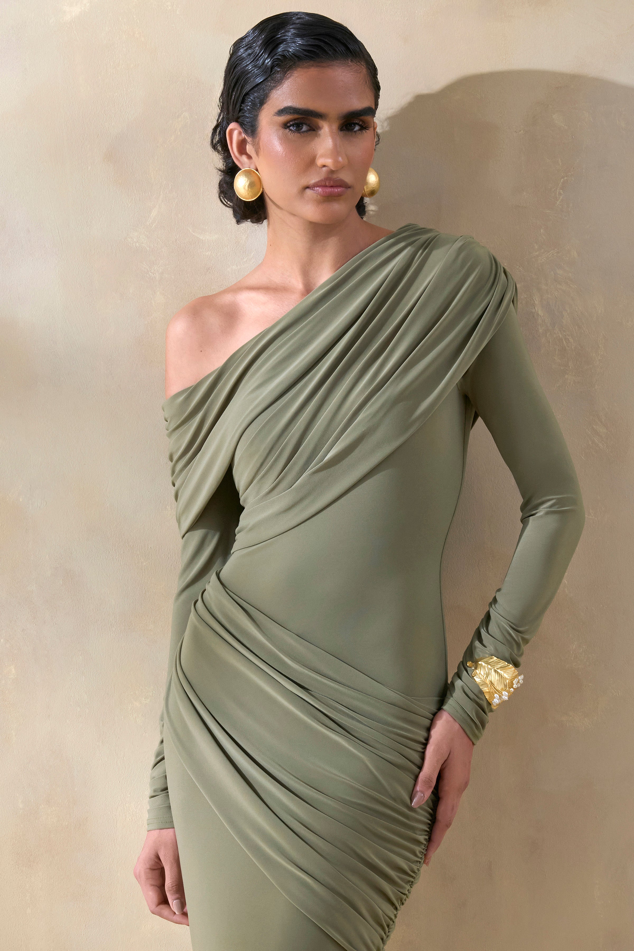Rosirene | Olive Asymmetric-Neck Maxi Dress With Draped-Detailing