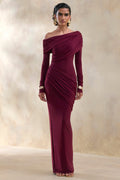 Rosirene | Burgundy Asymmetric-Neck Maxi Dress With Draped-Detailing