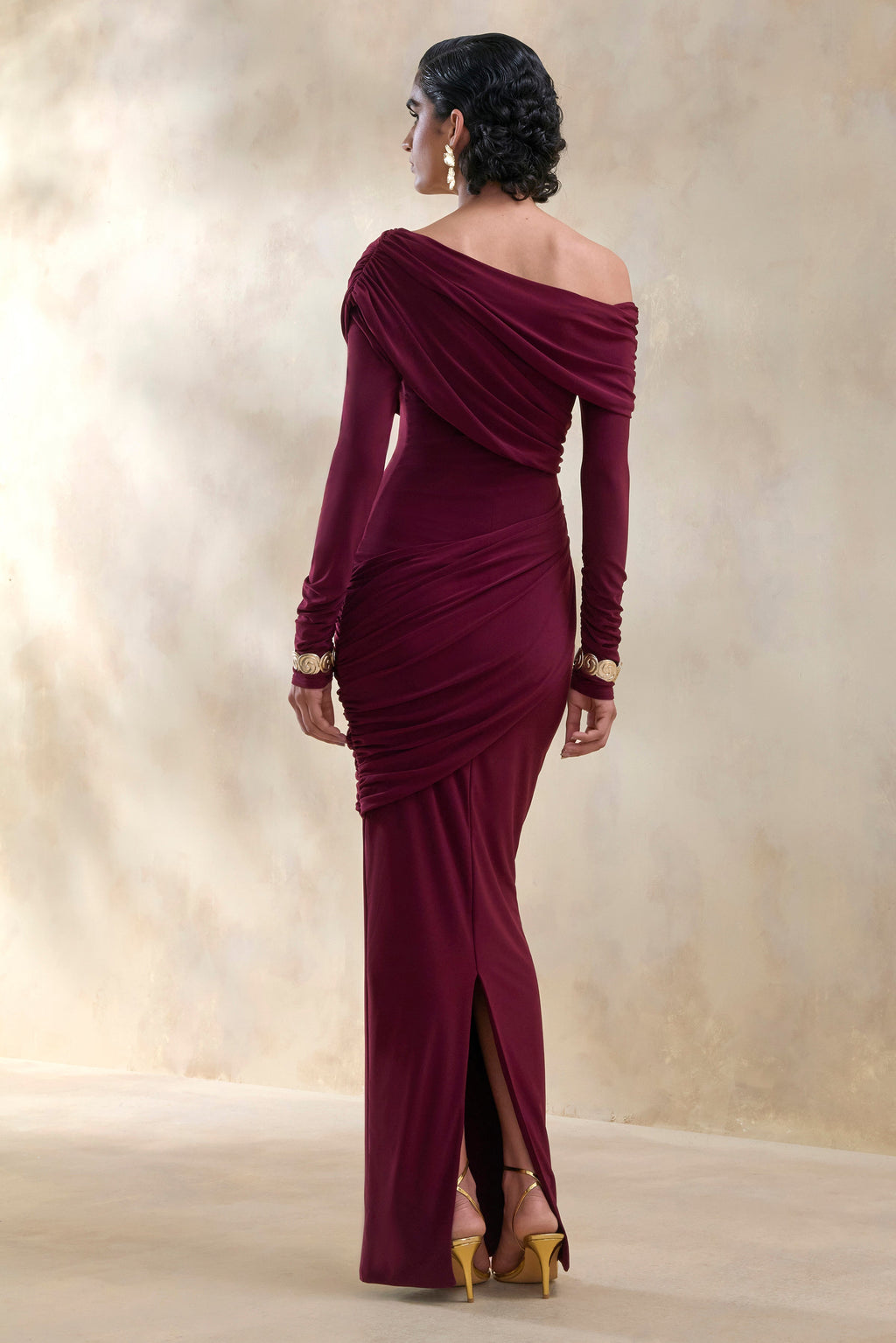 Rosirene | Burgundy Asymmetric-Neck Maxi Dress With Draped-Detailing