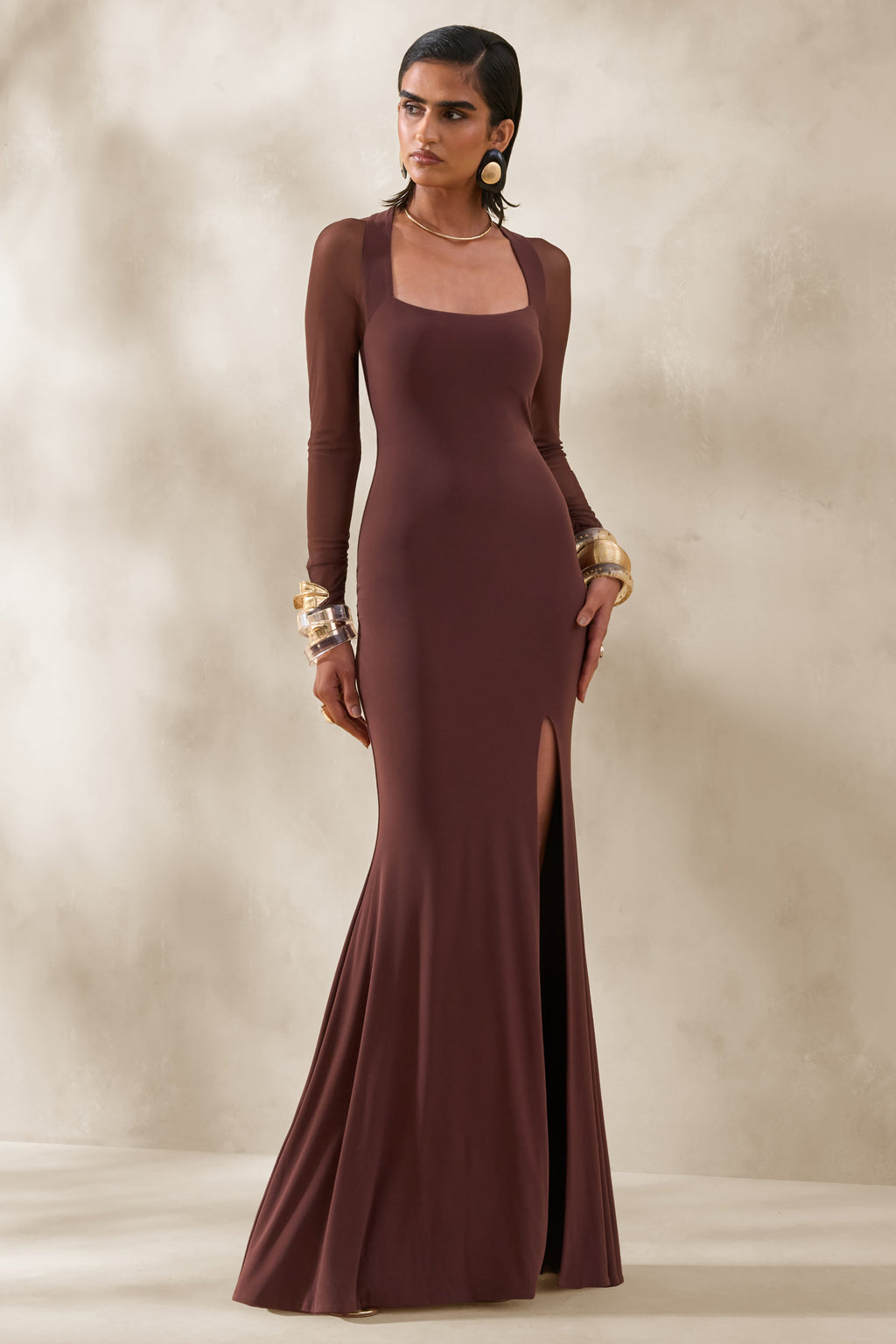 Renalia | Brown Square-Neck Maxi Dress With Mesh Long-Sleeves