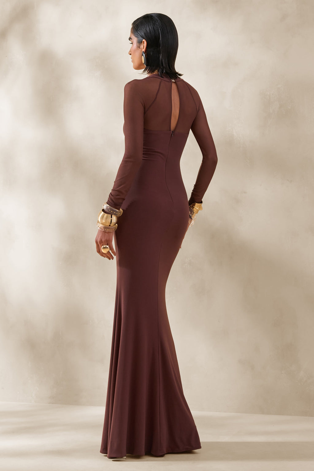 Renalia | Brown Square-Neck Maxi Dress With Mesh Long-Sleeves