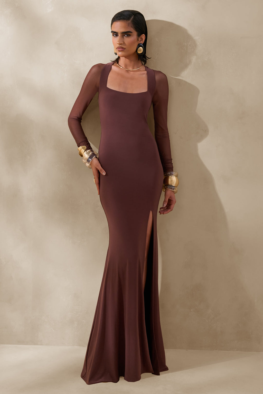 Renalia | Brown Square-Neck Maxi Dress With Mesh Long-Sleeves