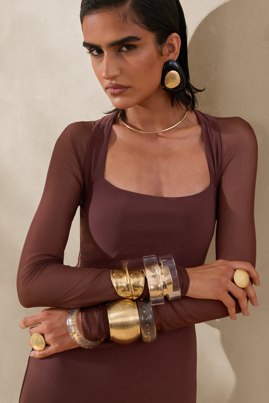 Renalia | Brown Square-Neck Maxi Dress With Mesh Long-Sleeves