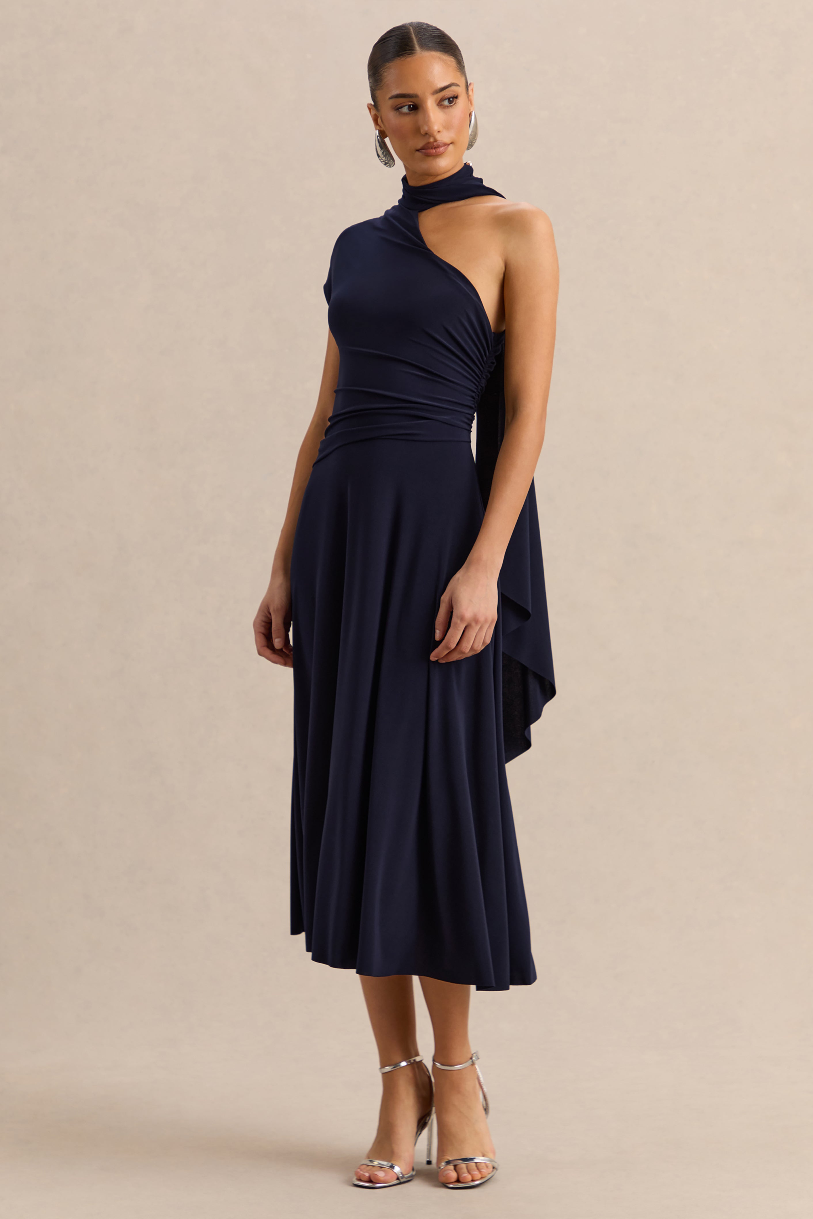 Lythara | Navy Asymmetric-Neck Midi Dress With Scarf-Detail