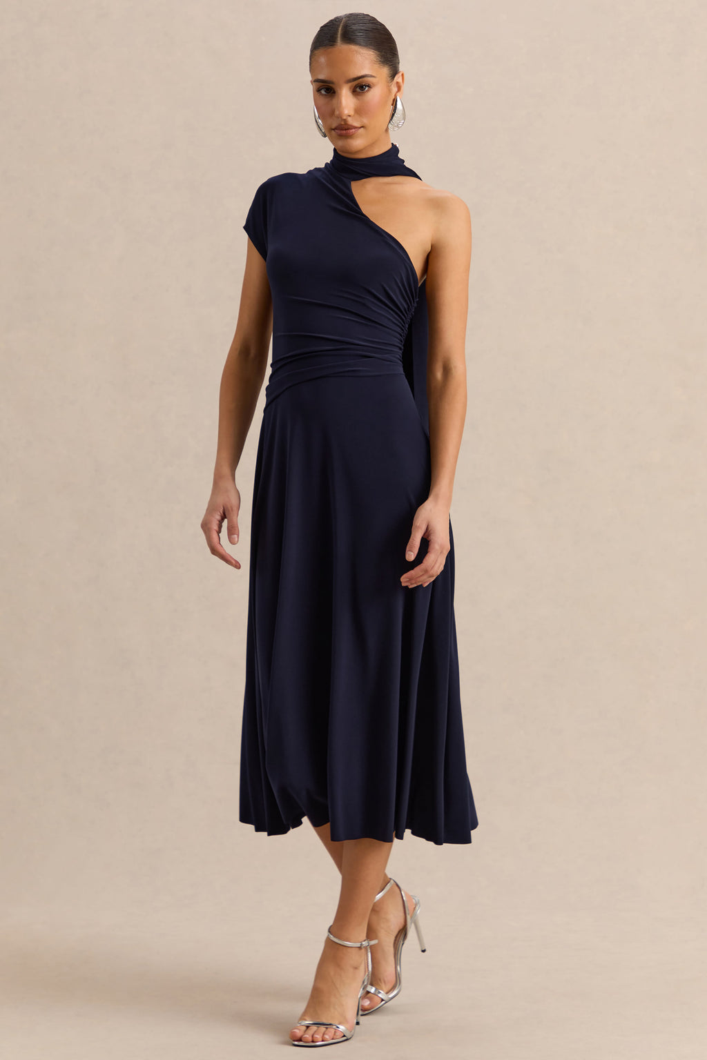 Lythara | Navy Asymmetric-Neck Midi Dress With Scarf-Detail
