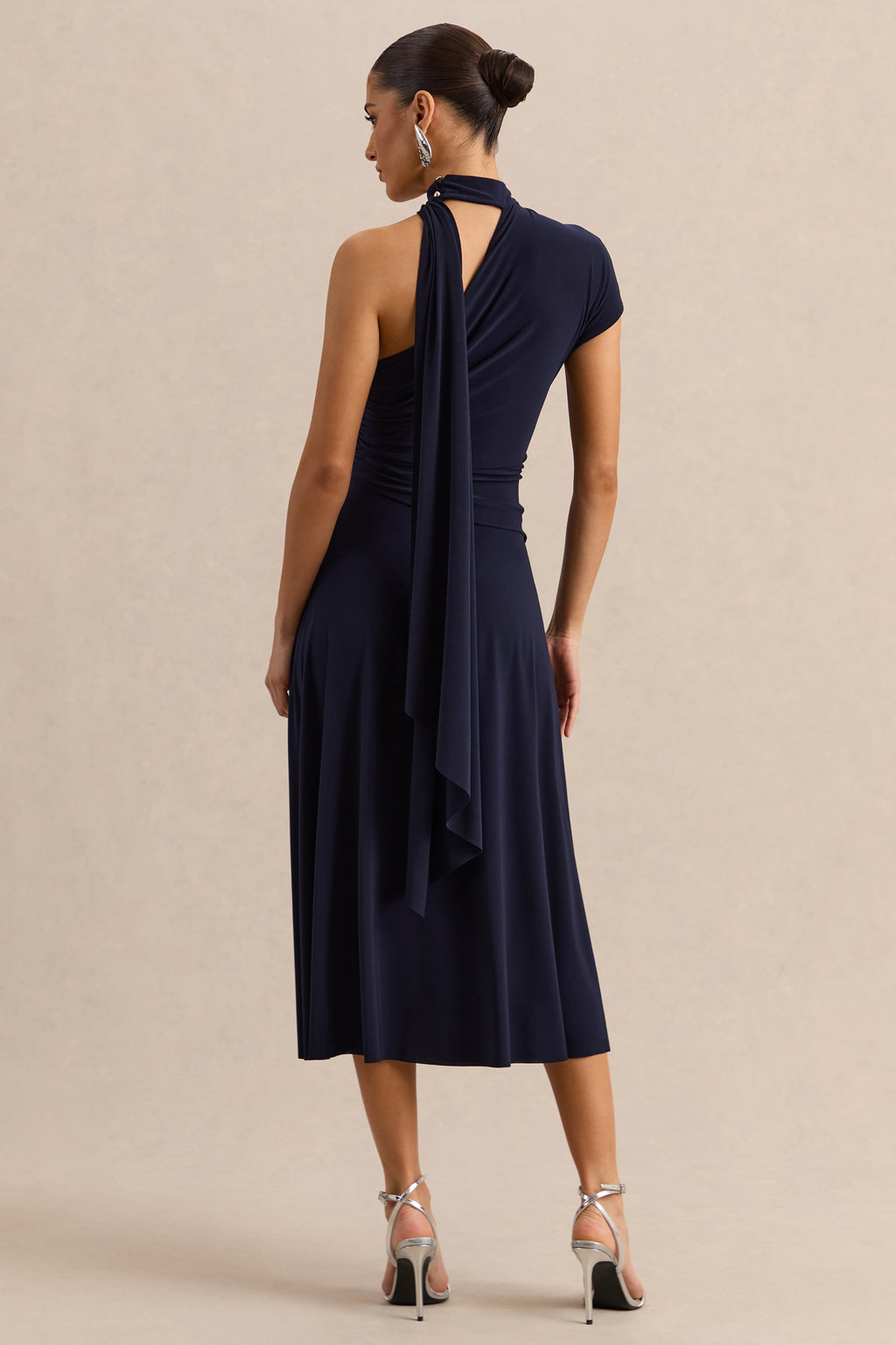 Lythara | Navy Asymmetric-Neck Midi Dress With Scarf-Detail
