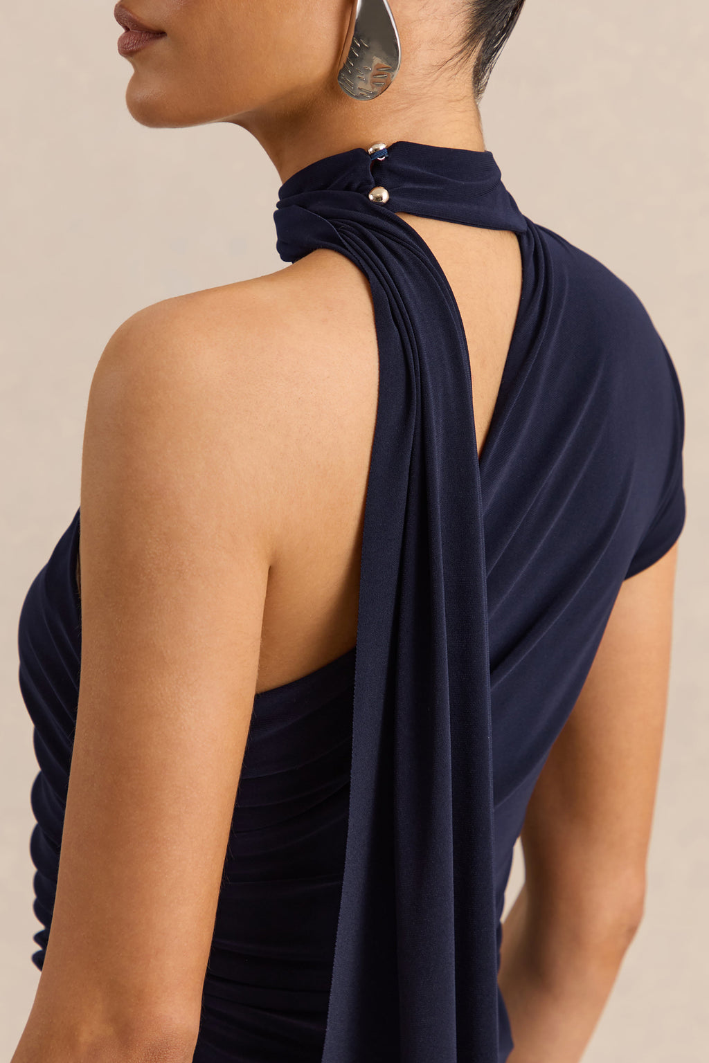 Lythara | Navy Asymmetric-Neck Midi Dress With Scarf-Detail