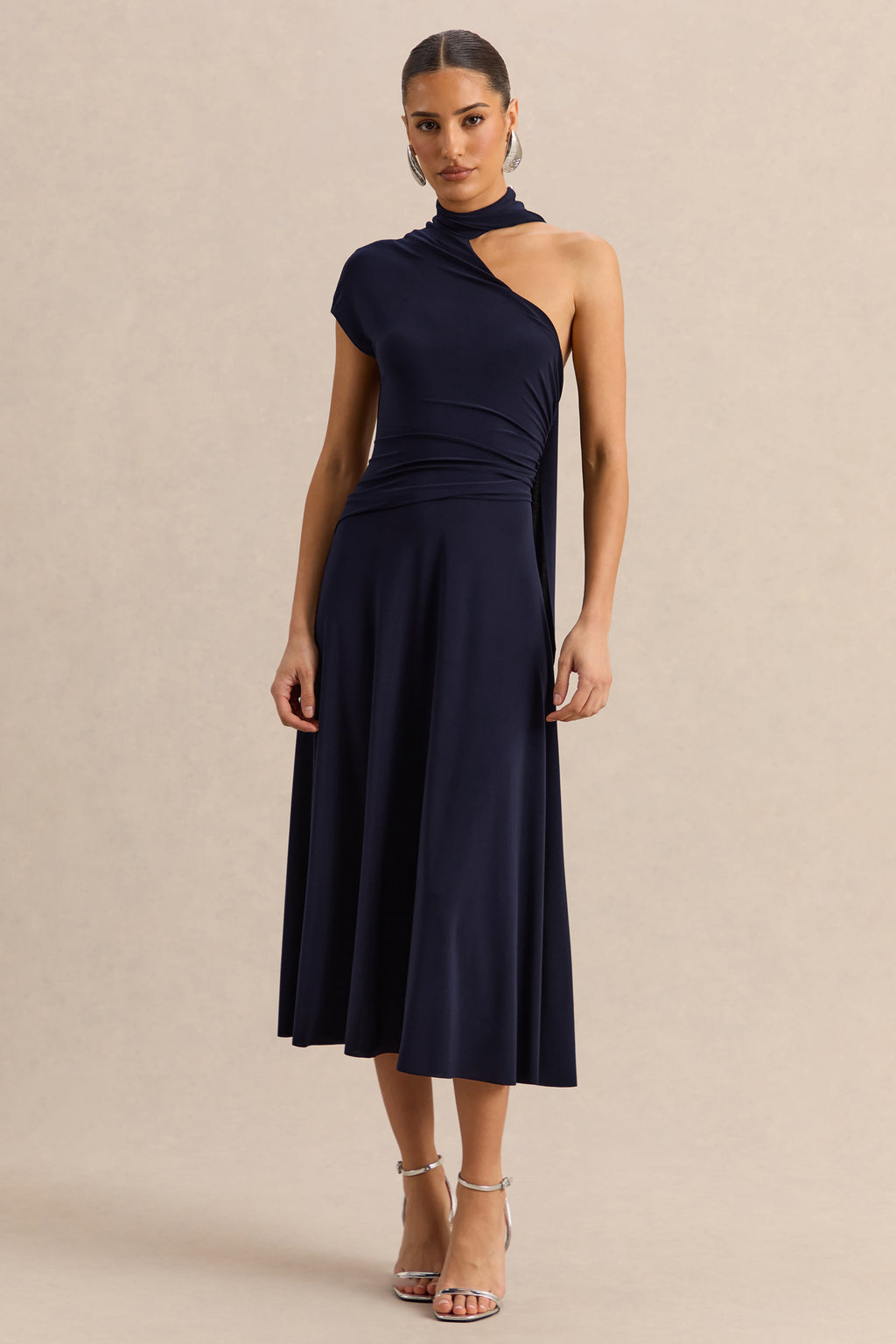 Lythara | Navy Asymmetric-Neck Midi Dress With Scarf-Detail