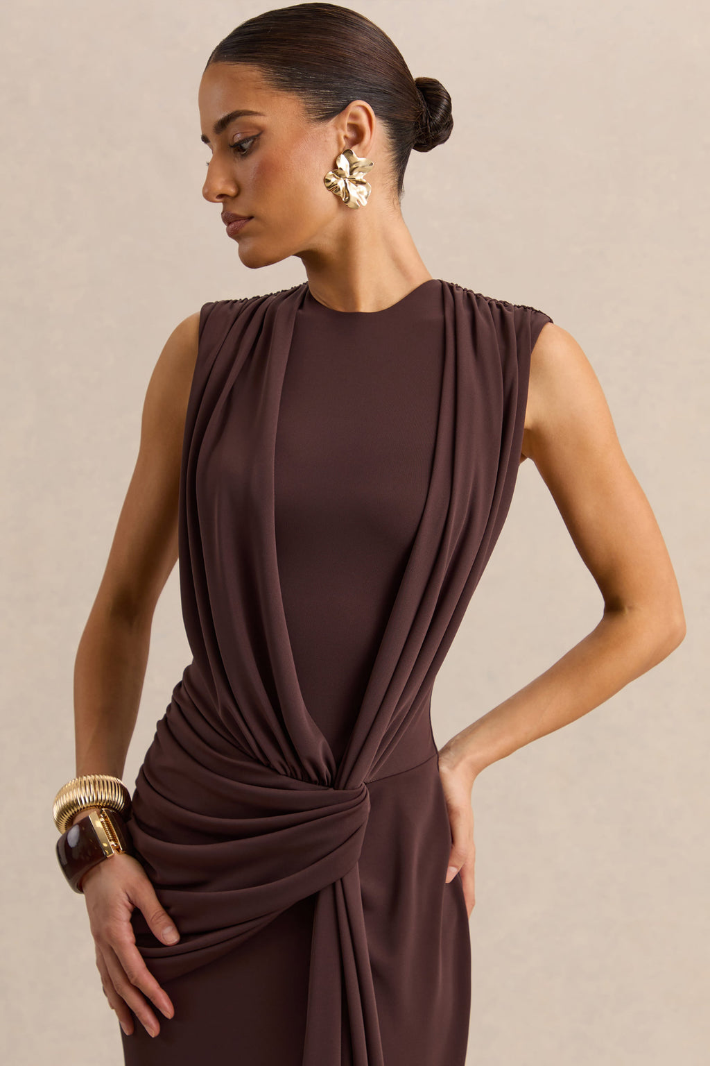 Blythia | Brown Round-Neck Maxi Dress With Gathered-Detailing