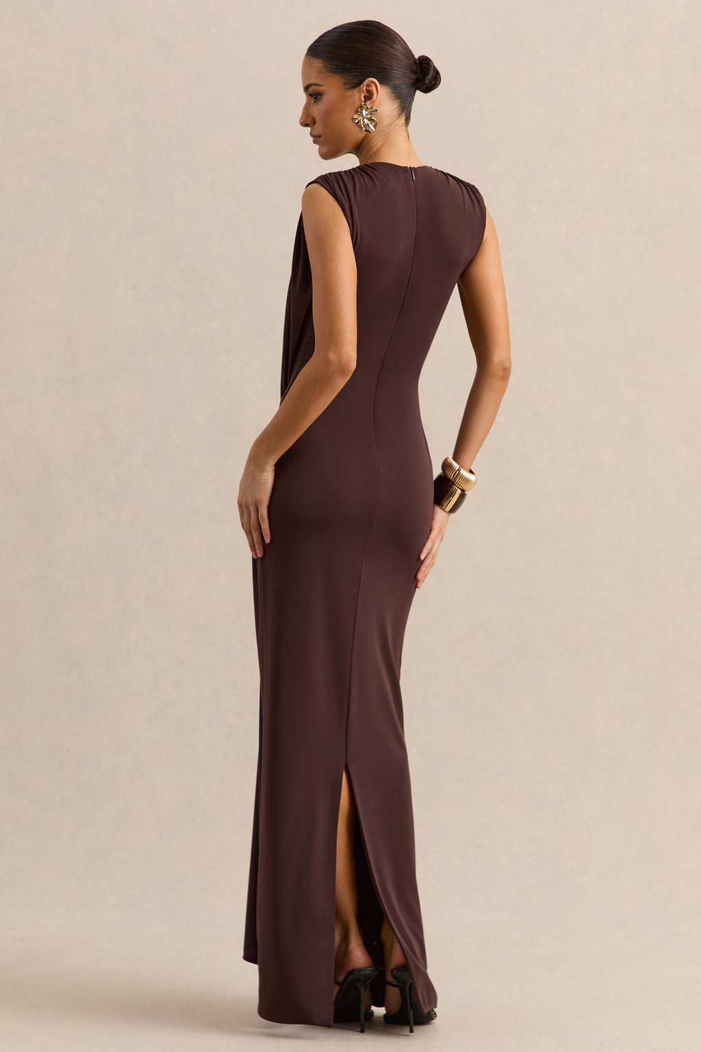 Blythia | Brown Round-Neck Maxi Dress With Gathered-Detailing