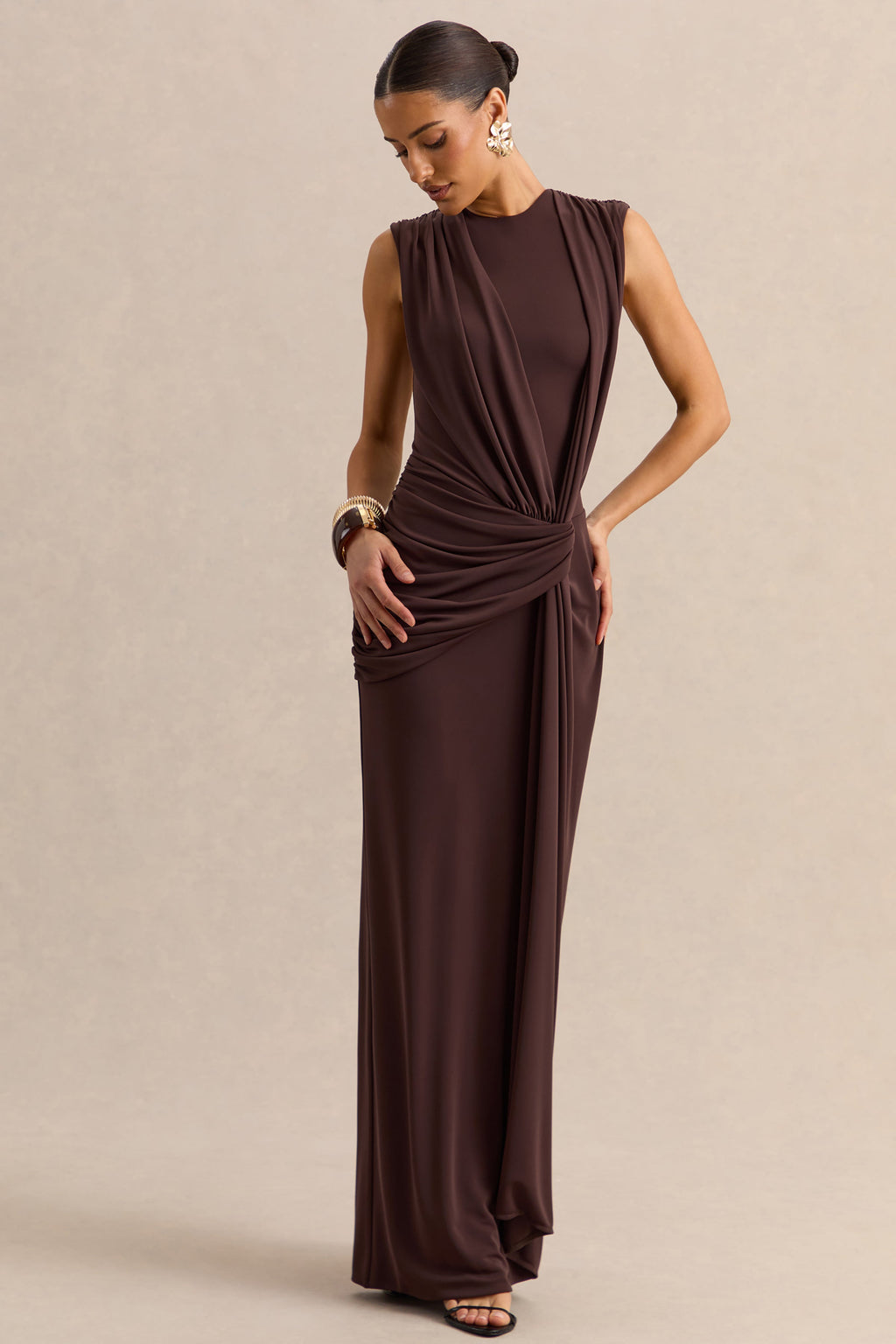 Blythia | Brown Round-Neck Maxi Dress With Gathered-Detailing