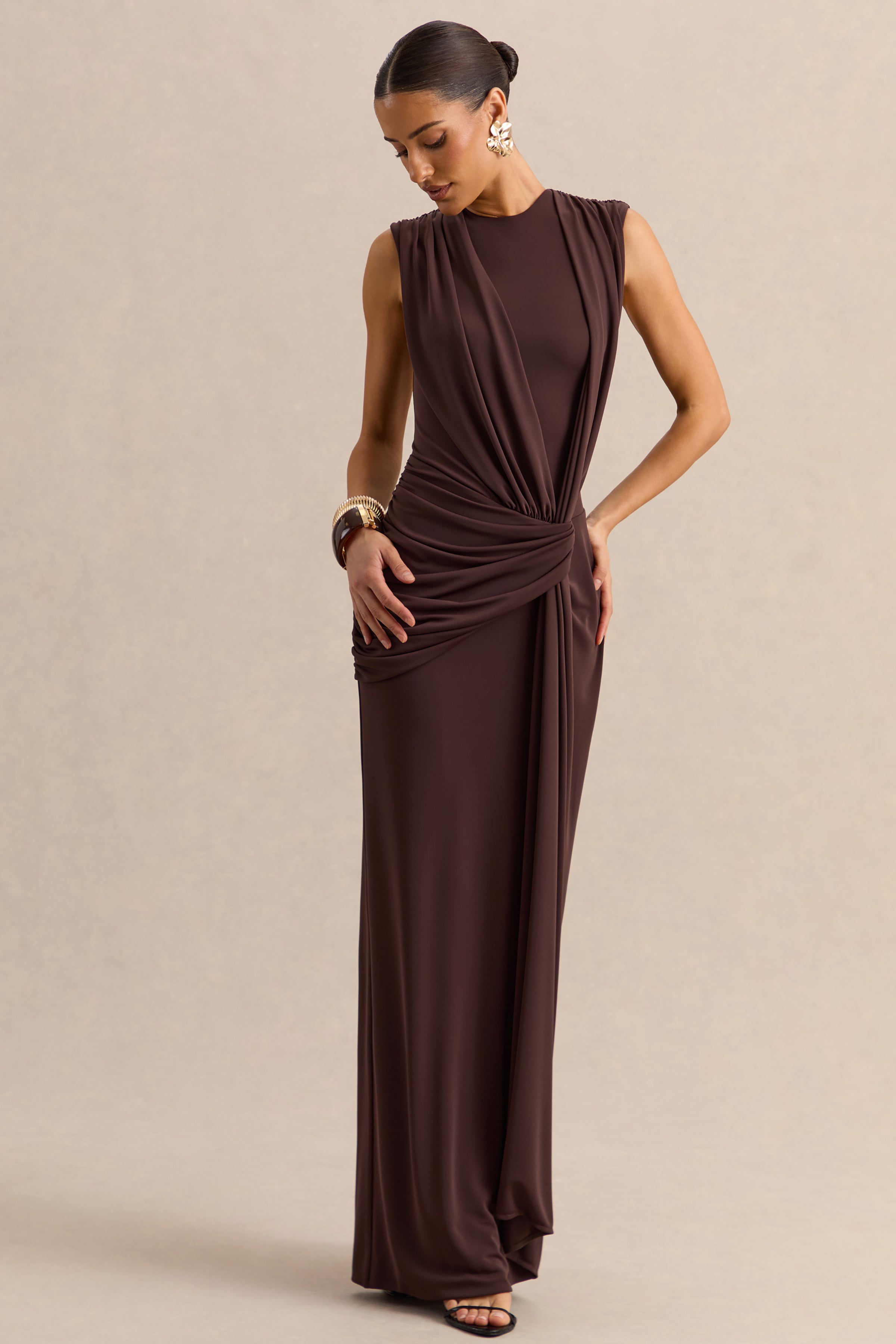 Blythia | Brown Round-Neck Maxi Dress With Gathered-Detailing