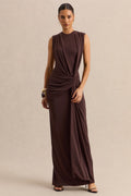 Blythia | Brown Round-Neck Maxi Dress With Gathered-Detailing