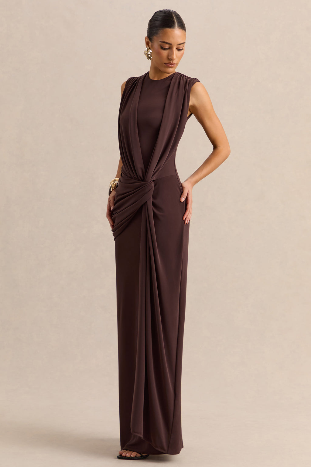 Blythia | Brown Round-Neck Maxi Dress With Gathered-Detailing