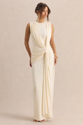 Blythia | Cream Round-Neck Maxi Dress With Gathered-Detailing