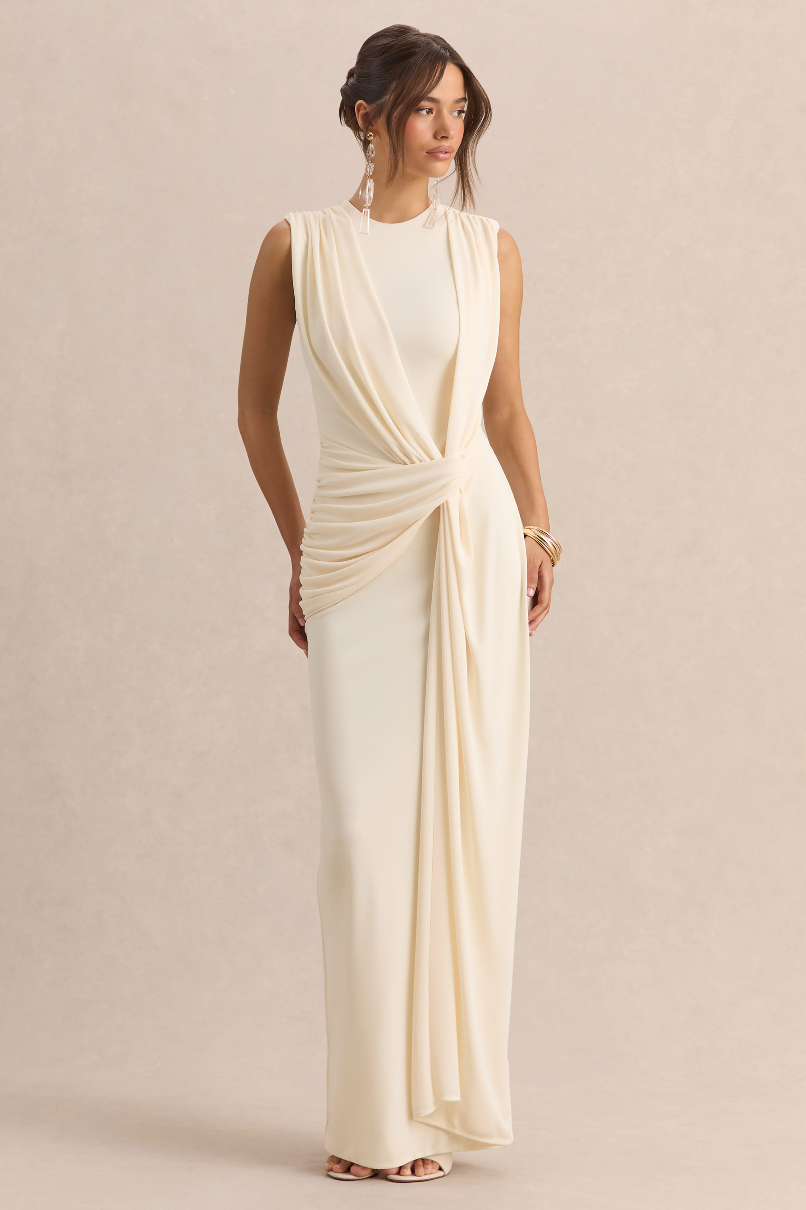 Blythia | Cream Round-Neck Maxi Dress With Gathered-Detailing