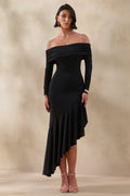Goldara | Black Bardot-Neck Maxi Dress With Ruffled Asymmetric-Hem