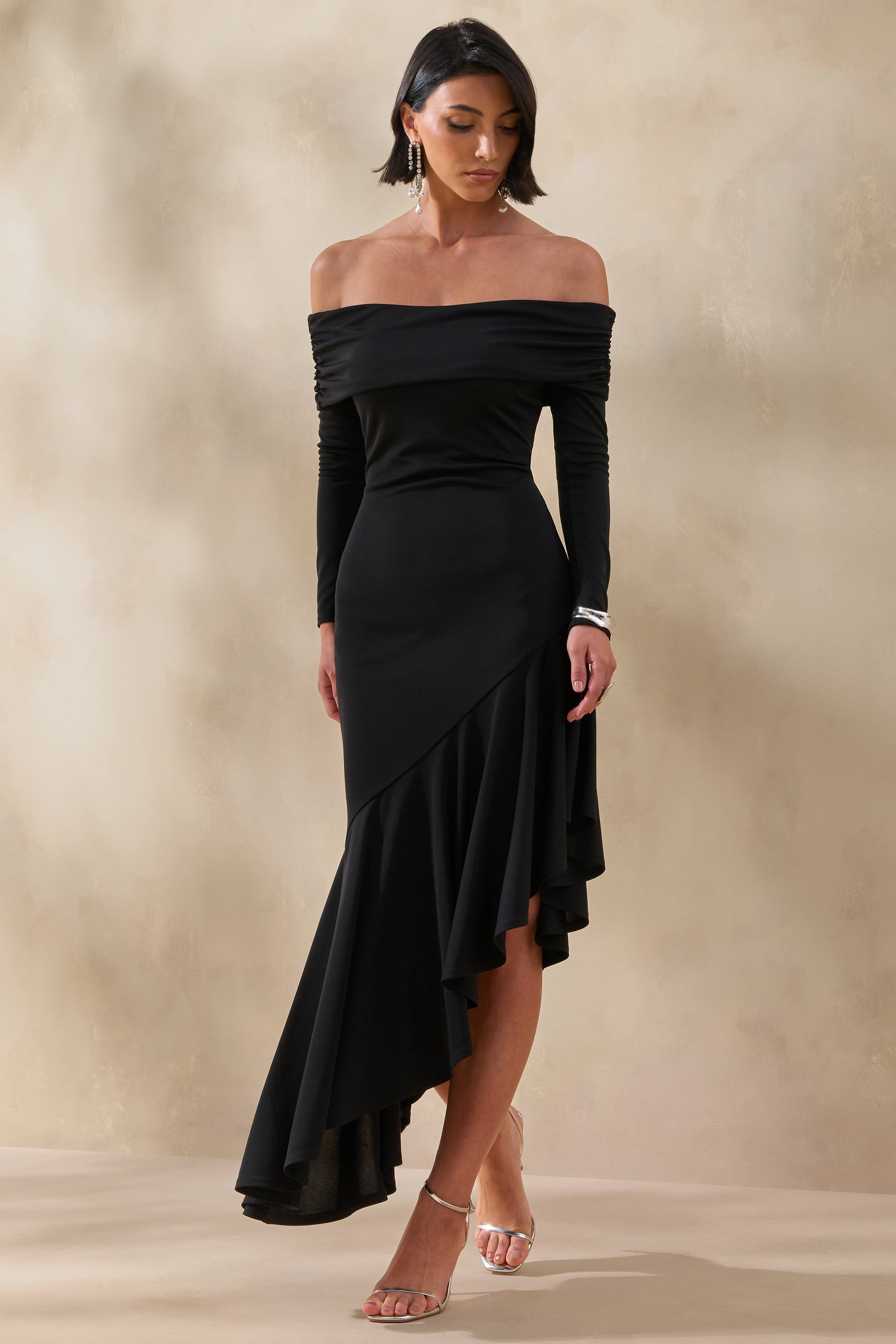 Goldara | Black Bardot-Neck Maxi Dress With Ruffled Asymmetric-Hem
