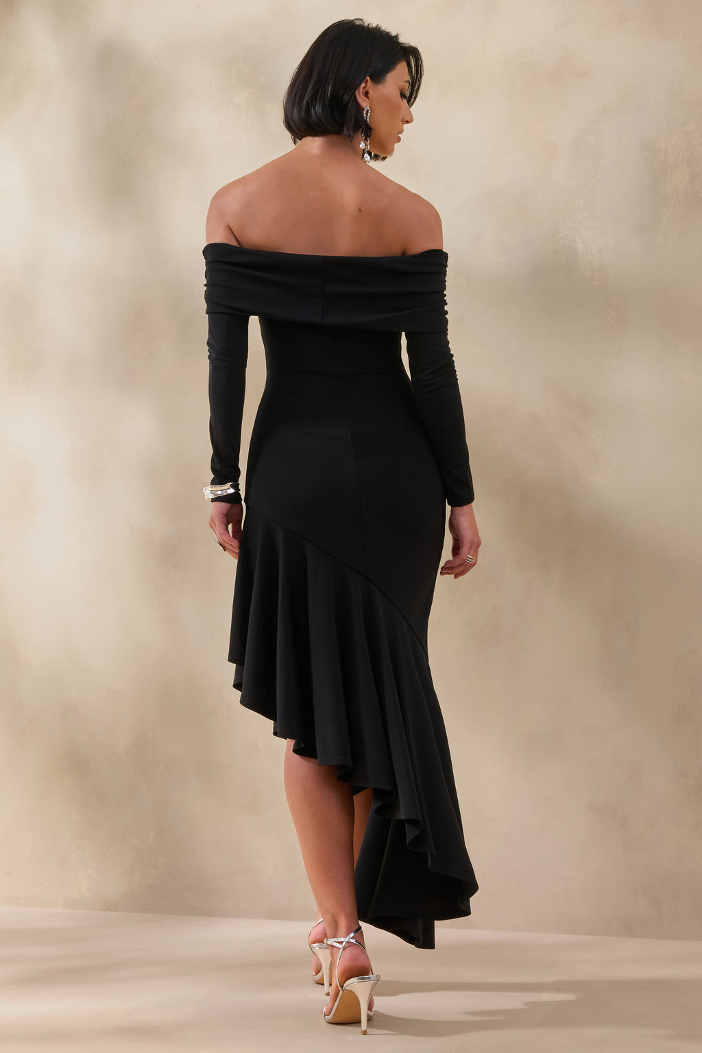 Goldara | Black Bardot-Neck Maxi Dress With Ruffled Asymmetric-Hem