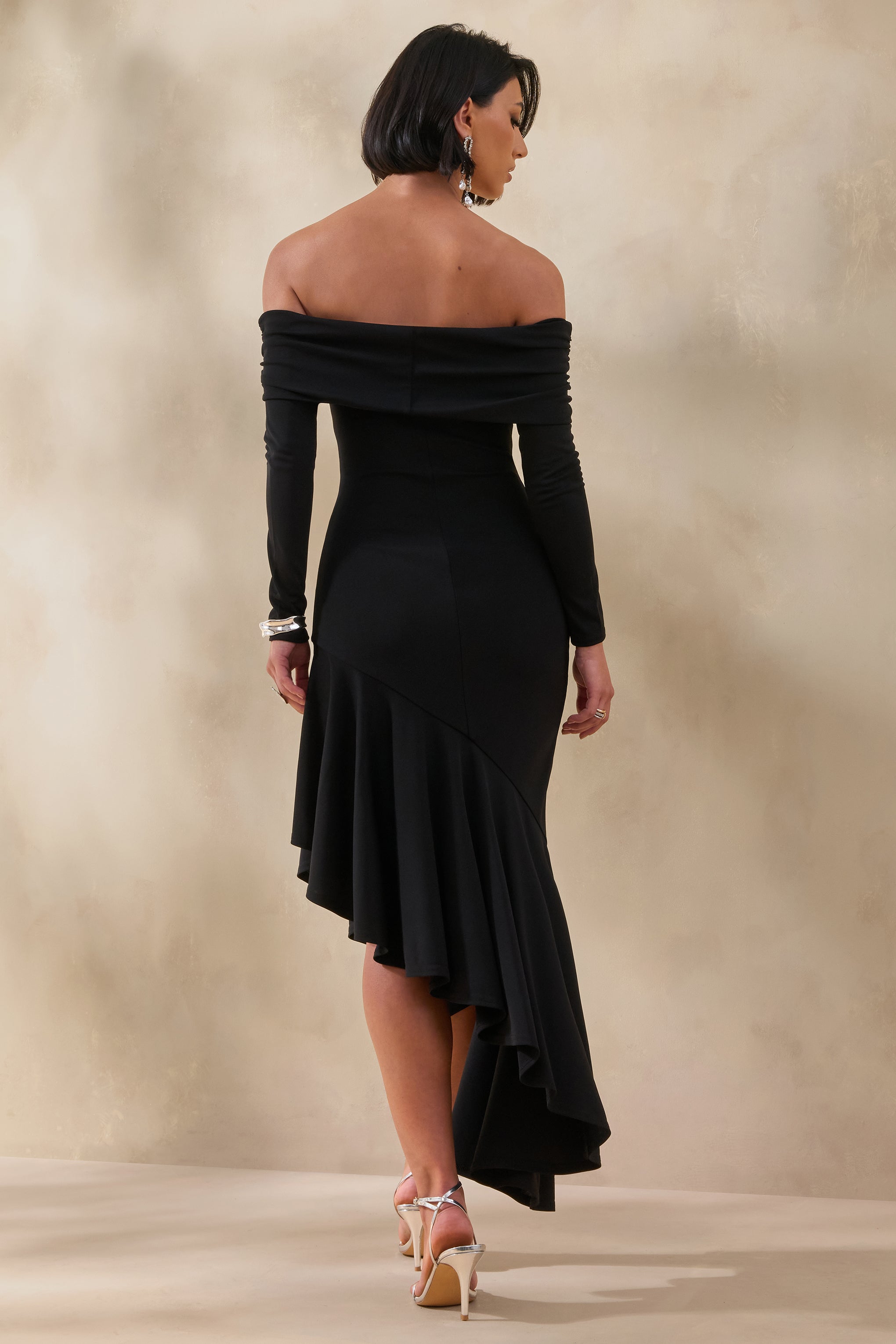 Goldara | Black Bardot-Neck Maxi Dress With Ruffled Asymmetric-Hem