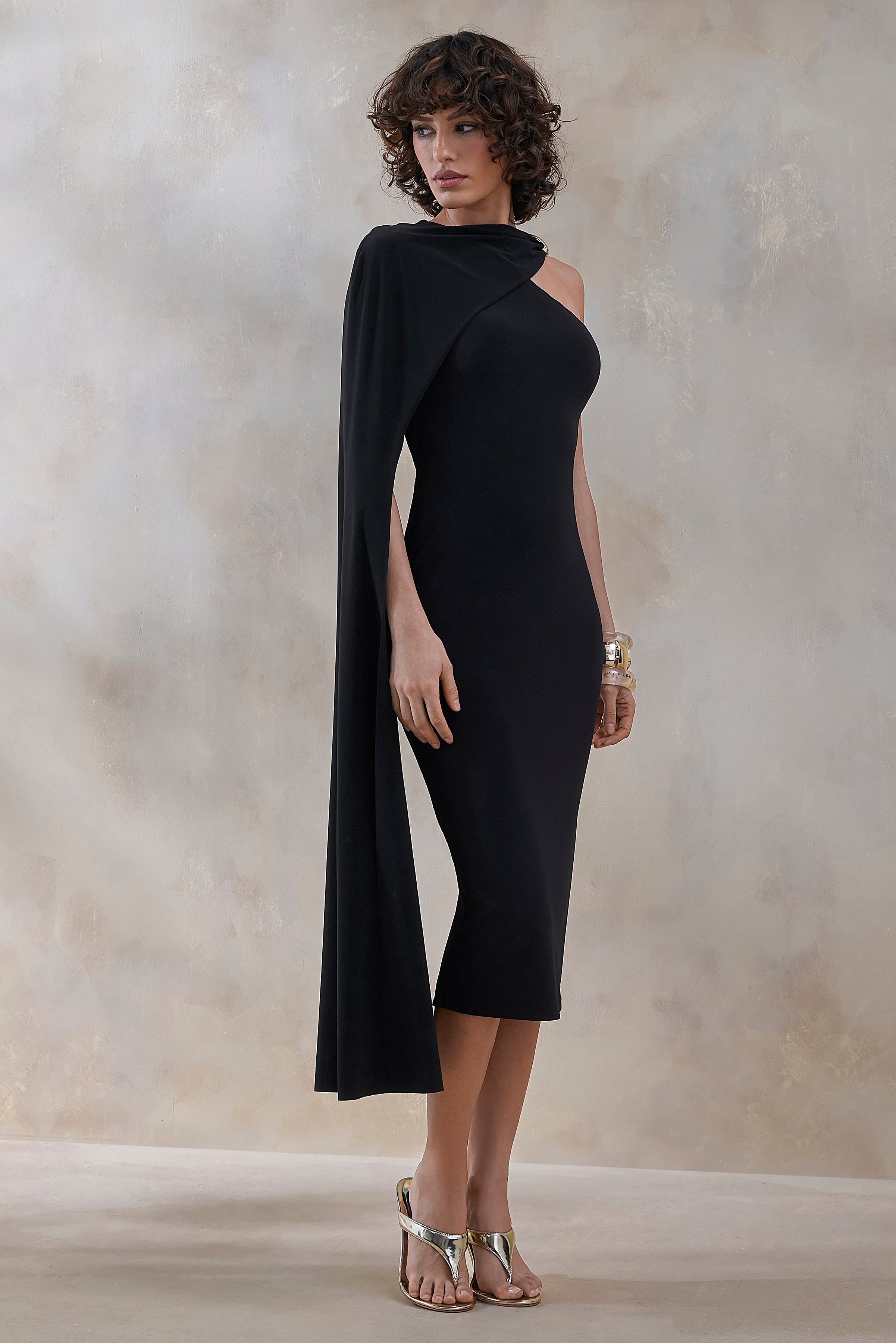 Misoria | Black High-Neck Midi-Dress With Cape-Sleeve