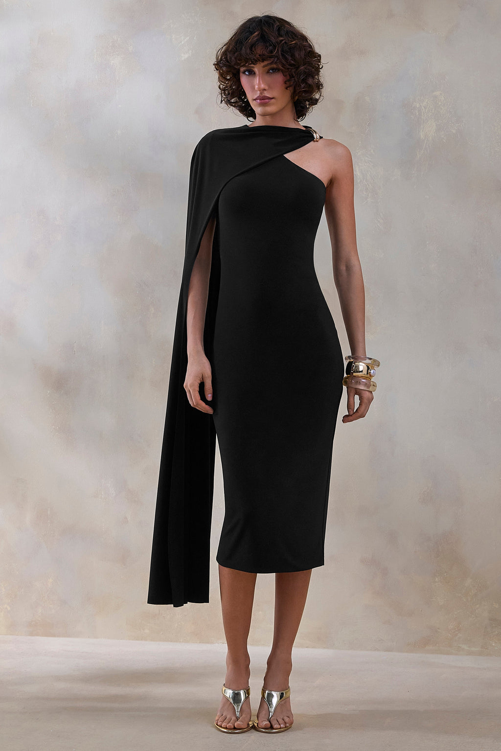 Misoria | Black High-Neck Midi-Dress With Cape-Sleeve