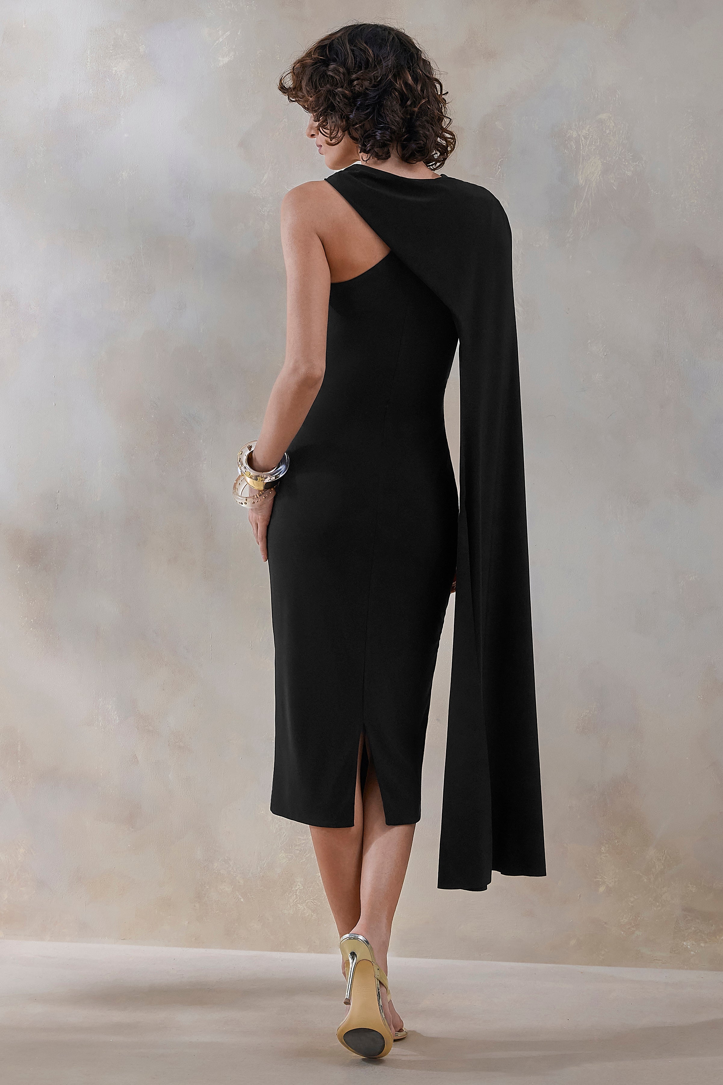 Misoria | Black High-Neck Midi-Dress With Cape-Sleeve