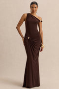 Caelia | Brown Asymmetric-Neck Maxi Dress With Gold-Detailing And Sash