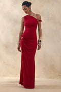 Caelia | Red Asymmetric-Neck Maxi Dress With Gold-Detailing And Sash