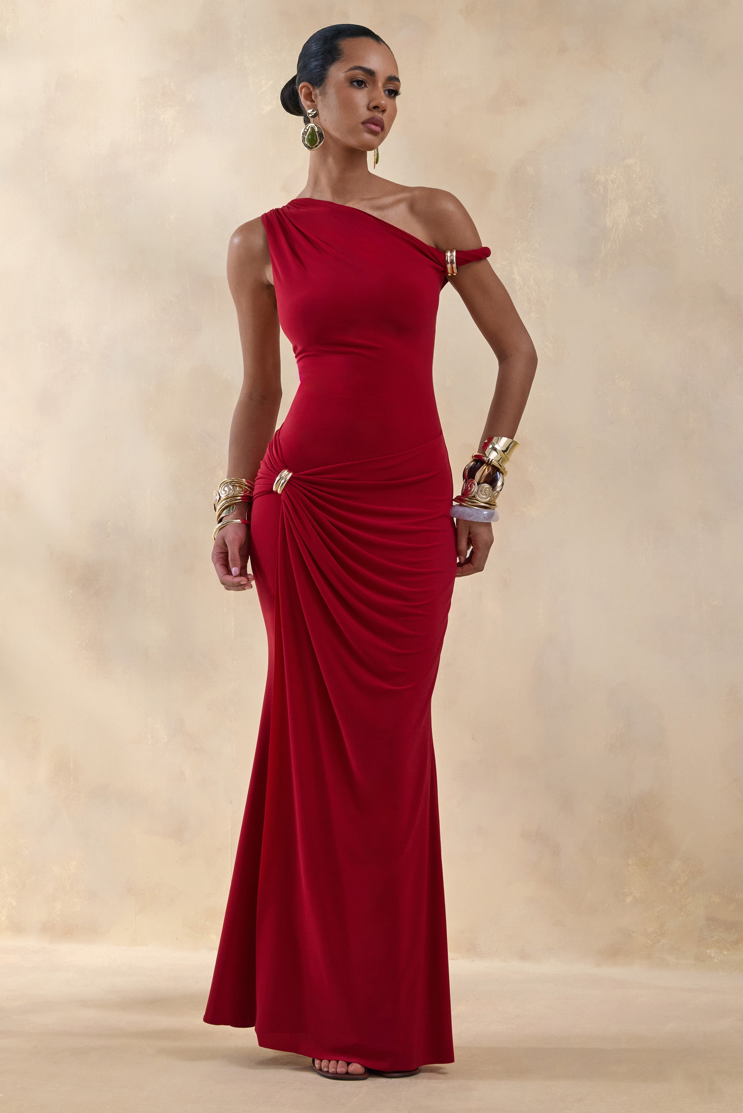 Caelia | Red Asymmetric-Neck Maxi Dress With Gold-Detailing And Sash