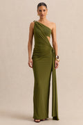 Clarosia | Green Asymmetric-Neck Maxi Dress With Cut-Out With Sash