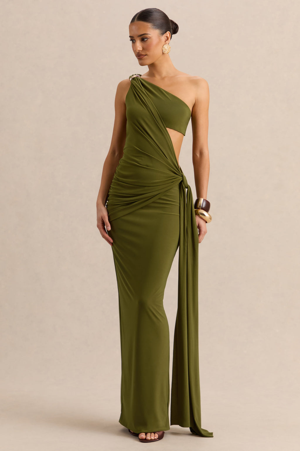Clarosia | Green Asymmetric-Neck Maxi Dress With Cut-Out With Sash